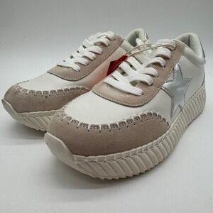 Lucky Step Women Platform Sneakers White Tan Silver Star Vegan Size 9